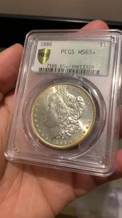 《竞宝斋》第246场-周日，周一 ，周二3场连拍 (全场包邮) PCGS MS65+ 美国1886年摩根银币，双面淡金彩