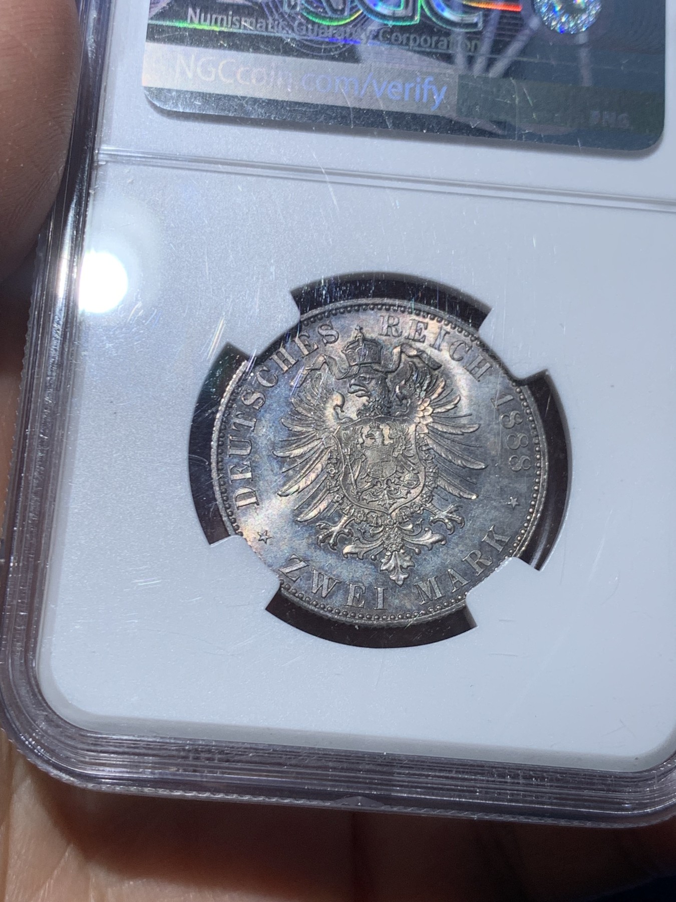 《竞宝斋》第246场-周日，周一 ，周二3场连拍 (全场包邮) NGC MS64+ 德国普鲁士1888三皇年弗里德里希三世 短翅2马克银币 高分好状态