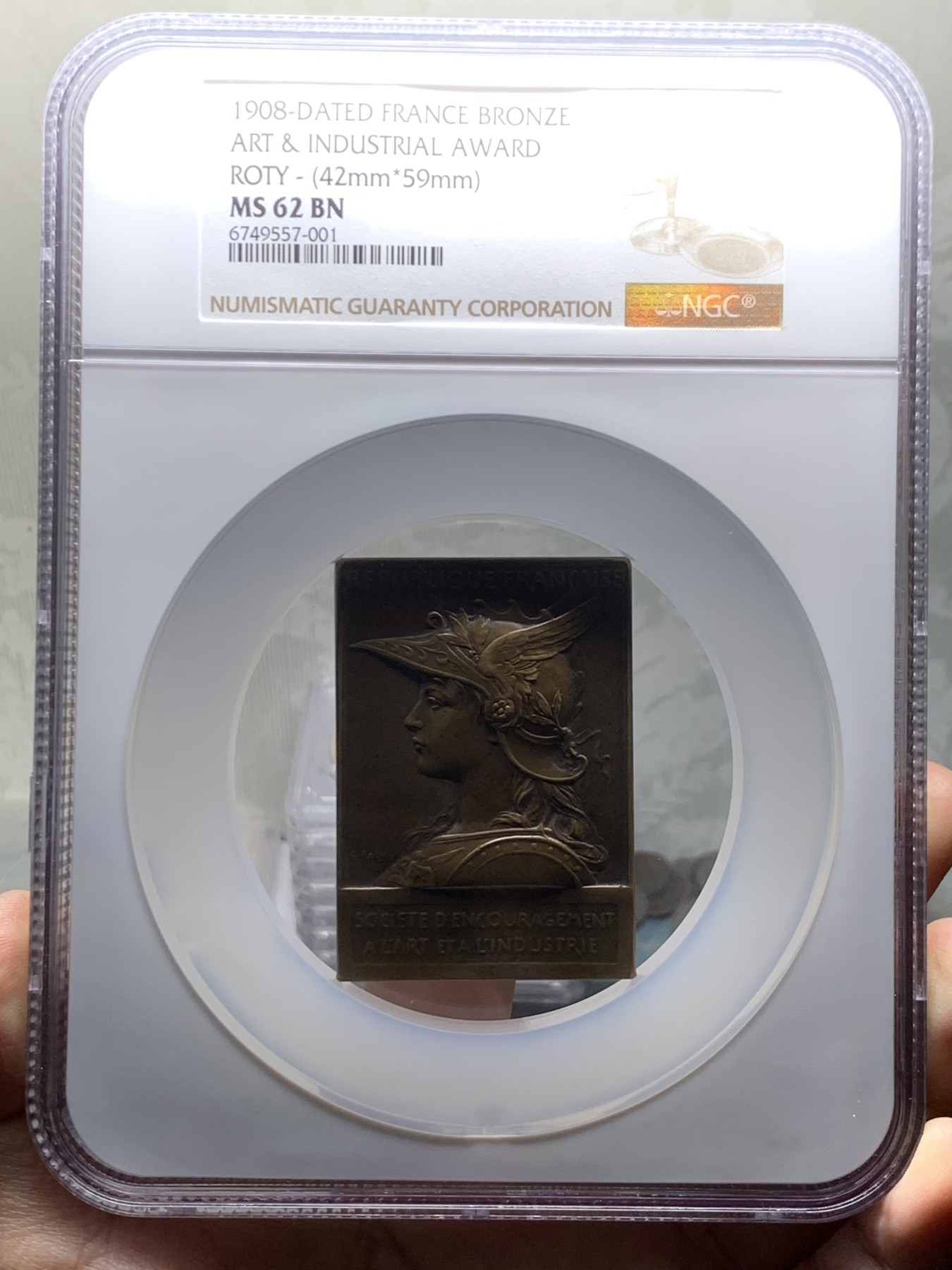 《竞宝斋》第246场-周日，周一 ，周二3场连拍 (全场包邮) NGC MS62BN 法国1908工业信息奖章 罗蒂作品铜章 大盒封装 少见品种