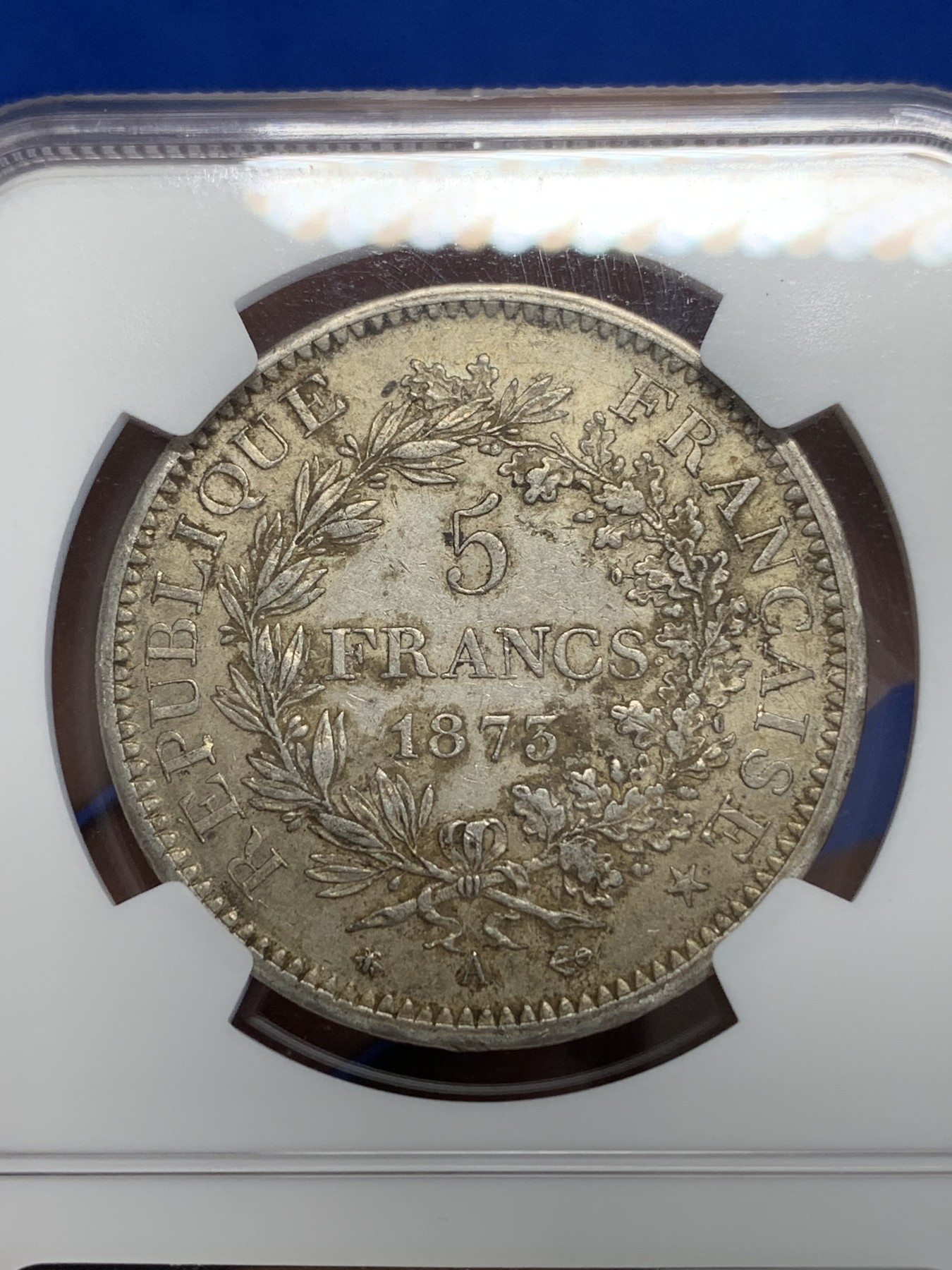 《竞宝斋》第246场-周日，周一 ，周二3场连拍 (全场包邮) NGC-MS61 法国1873年A版大力神5法郎银币