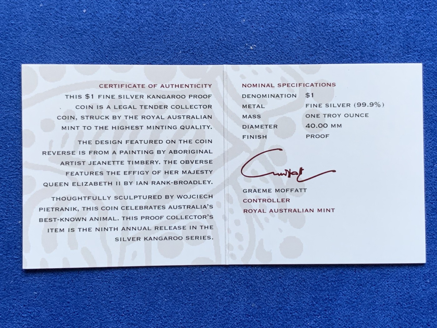 《竞宝斋》第246场-周日，周一 ，周二3场连拍 (全场包邮) 澳大利亚2001年1元 袋鼠精制1盎司银币 31.1克 999银 盒证全