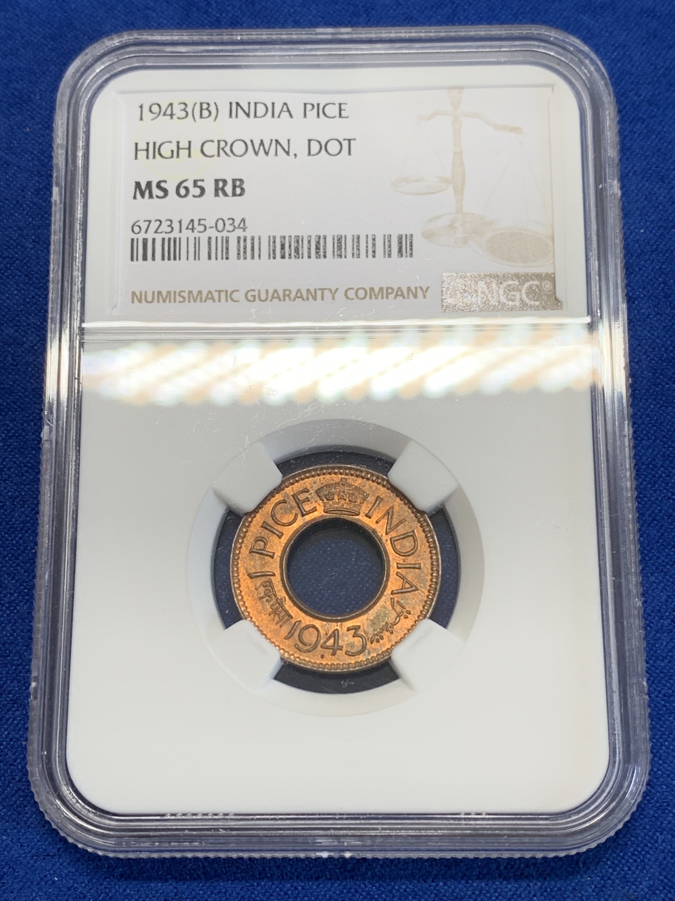 《竞宝斋》第246场-周日，周一 ，周二3场连拍 (全场包邮) NGC MS65RB 英属印度1943年1派沙铜币  高冠