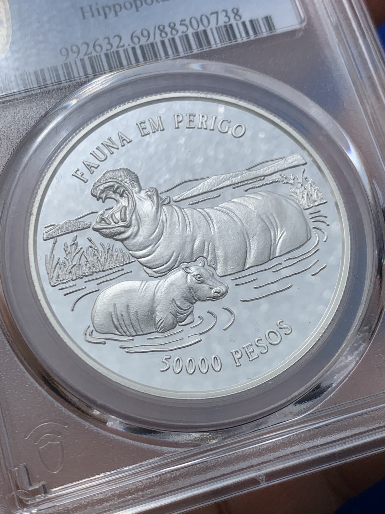 《竞宝斋》第246场-周日，周一 ，周二3场连拍 (全场包邮) PCGS金盾 PR69DCAM 几内亚比绍1996年河马5万比索精制大银币，冠军分，925银，直径38.5mm，重量31.47g