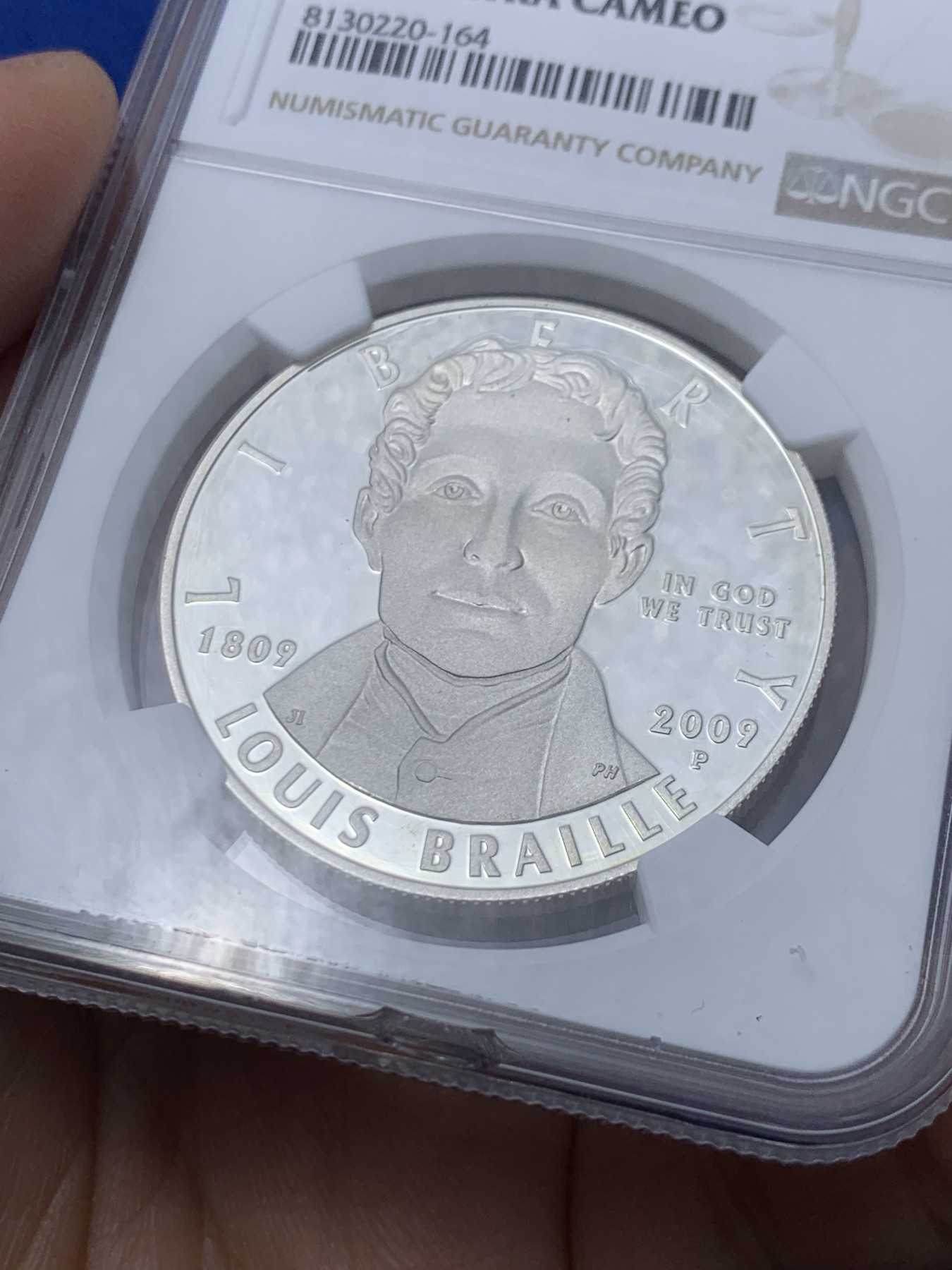 《竞宝斋》第246场-周日，周一 ，周二3场连拍 (全场包邮) NGC PF69UC 美国2009年P版布莱叶1美元精制大银币 盒有磕币完好