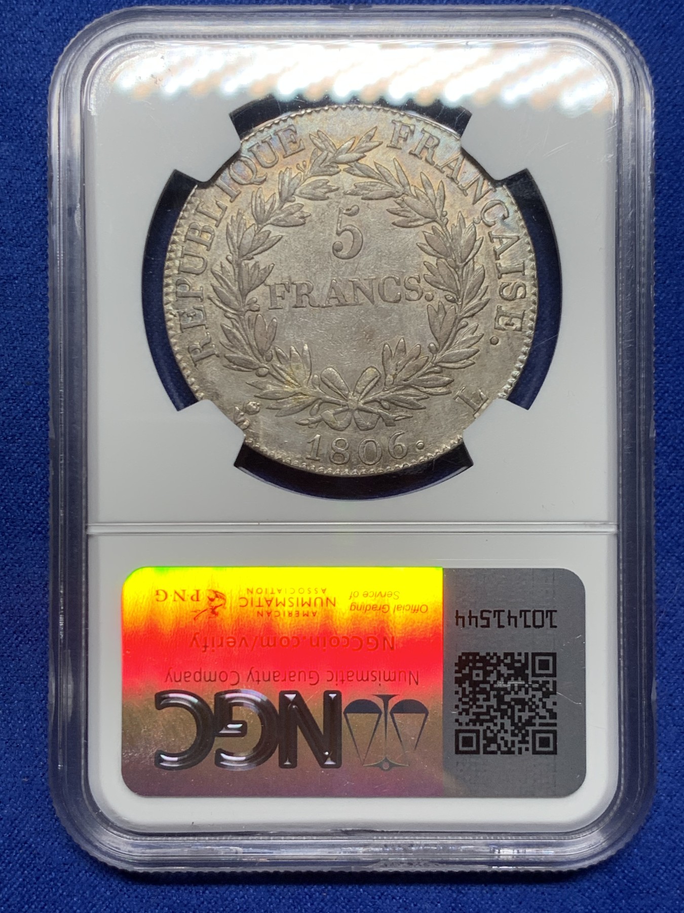 《竞宝斋》第246场-周日，周一 ，周二3场连拍 (全场包邮) NGC AU50 法国1806年拿破仑一世5法郎银币 无冠头像 纪年版少见 淡金彩包浆 非常好