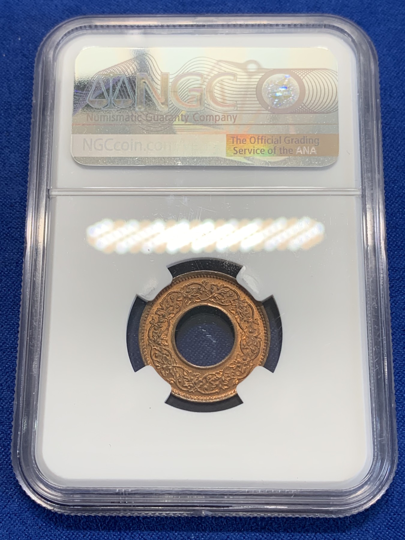 《竞宝斋》第246场-周日，周一 ，周二3场连拍 (全场包邮) NGC MS65RB 英属印度1943年1派沙铜币  高冠