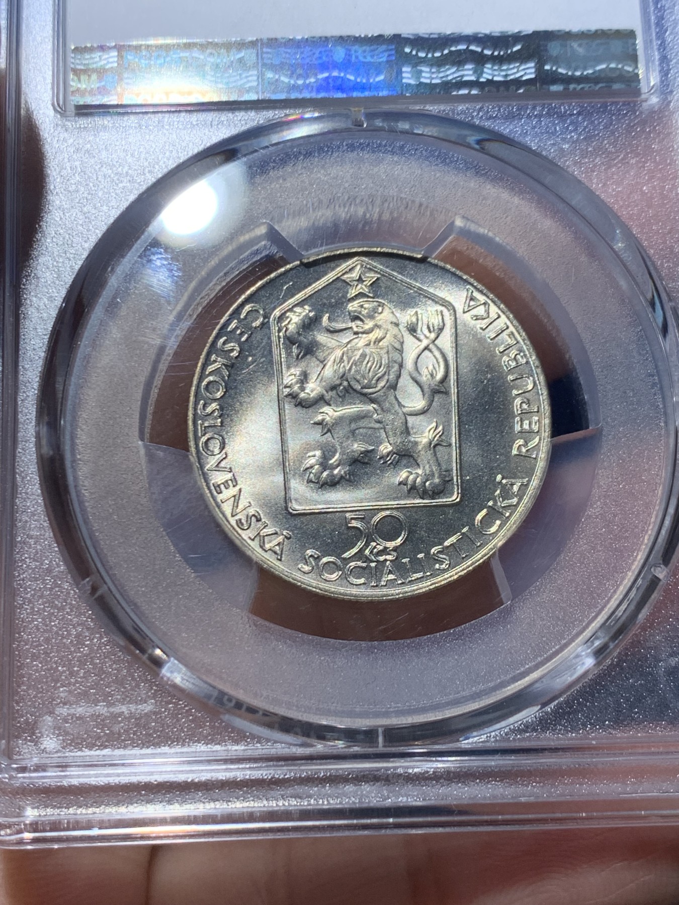 《竞宝斋》第246场-周日，周一 ，周二3场连拍 (全场包邮) PCGS金盾 MS68 捷克斯洛伐克1989年铁路纪念50克朗银币，冠军分