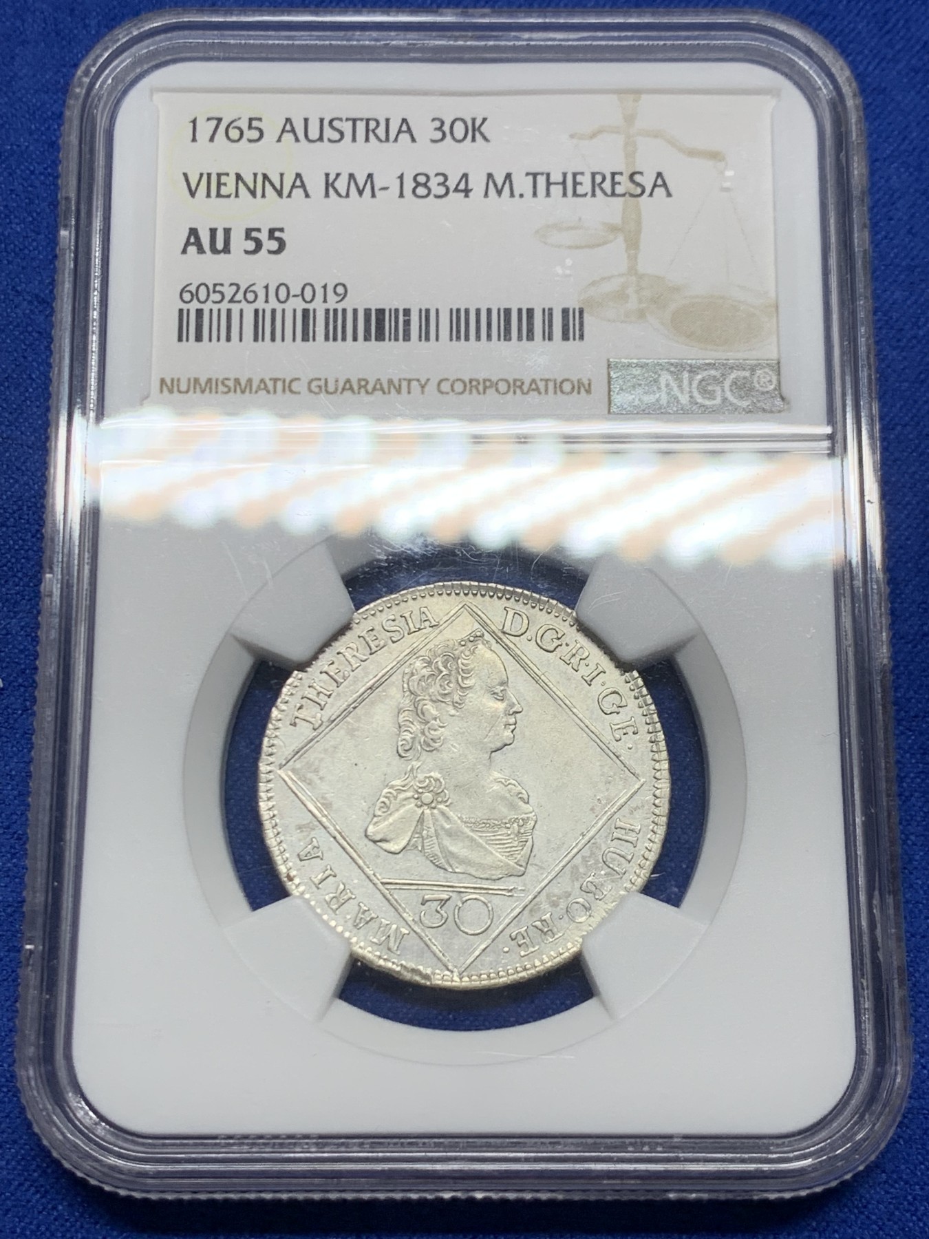 《竞宝斋》第246场-周日，周一 ，周二3场连拍 (全场包邮) NGC-AU55 唯一冠军分 1765年神罗原铸大奶妈30K银币，维也纳厂。原铸大奶妈，非常少见的品种，xf品官网参考价145美元，数据库唯一冠军。