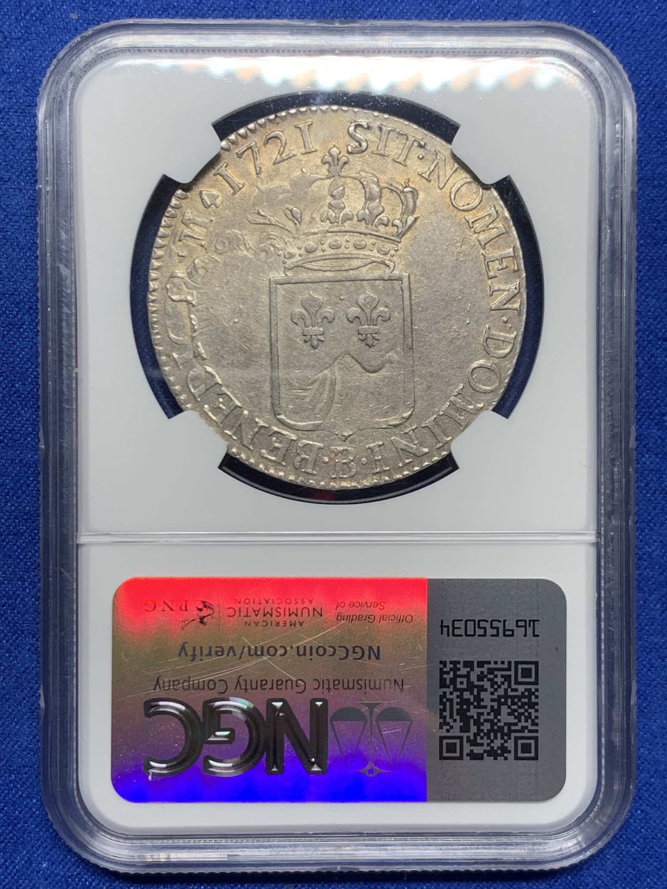 《竞宝斋》第246场-周日，周一 ，周二3场连拍 (全场包邮) 唯一冠军分 NGC AU58 法国 1721 路易十五 少年版 1埃居 大银币 少见B厂 双面深打 背面币胚人像可见 P62分2万成交