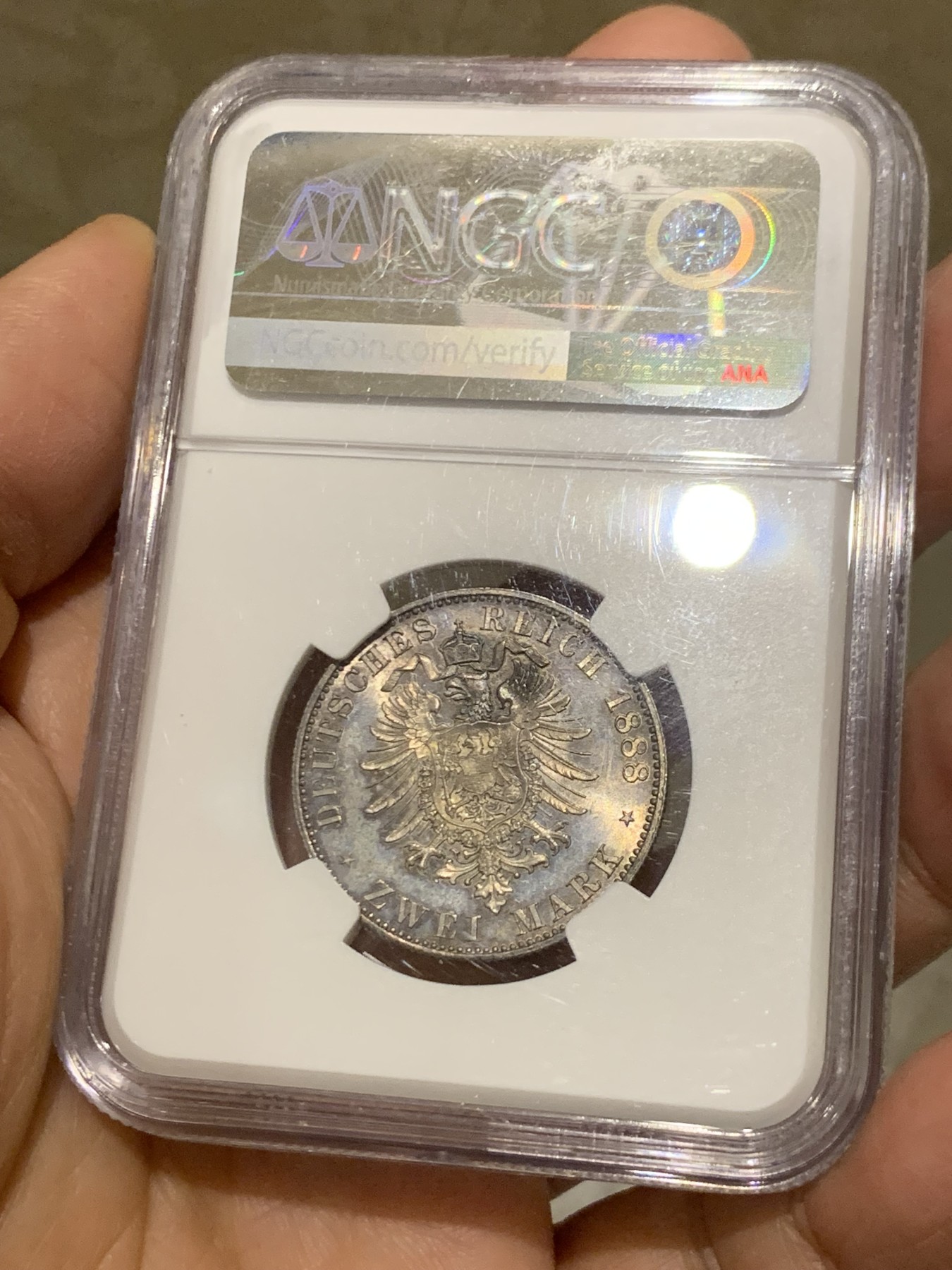 《竞宝斋》第246场-周日，周一 ，周二3场连拍 (全场包邮) NGC MS64+ 德国普鲁士1888三皇年弗里德里希三世 短翅2马克银币 高分好状态