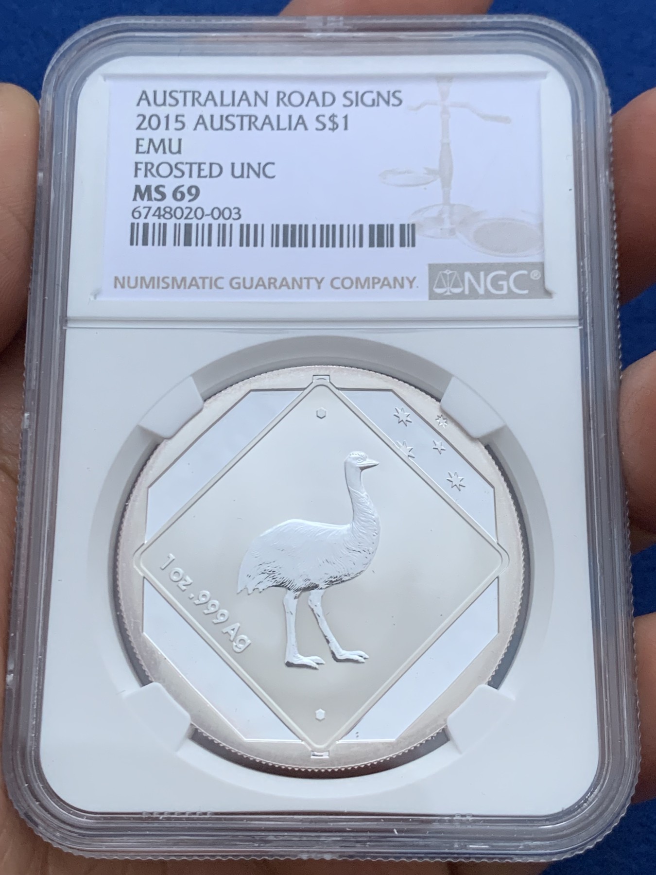 《竞宝斋》第246场-周日，周一 ，周二3场连拍 (全场包邮) NGC MS69 澳大利亚2015年鸸鹋1元银币 原盒装含证书