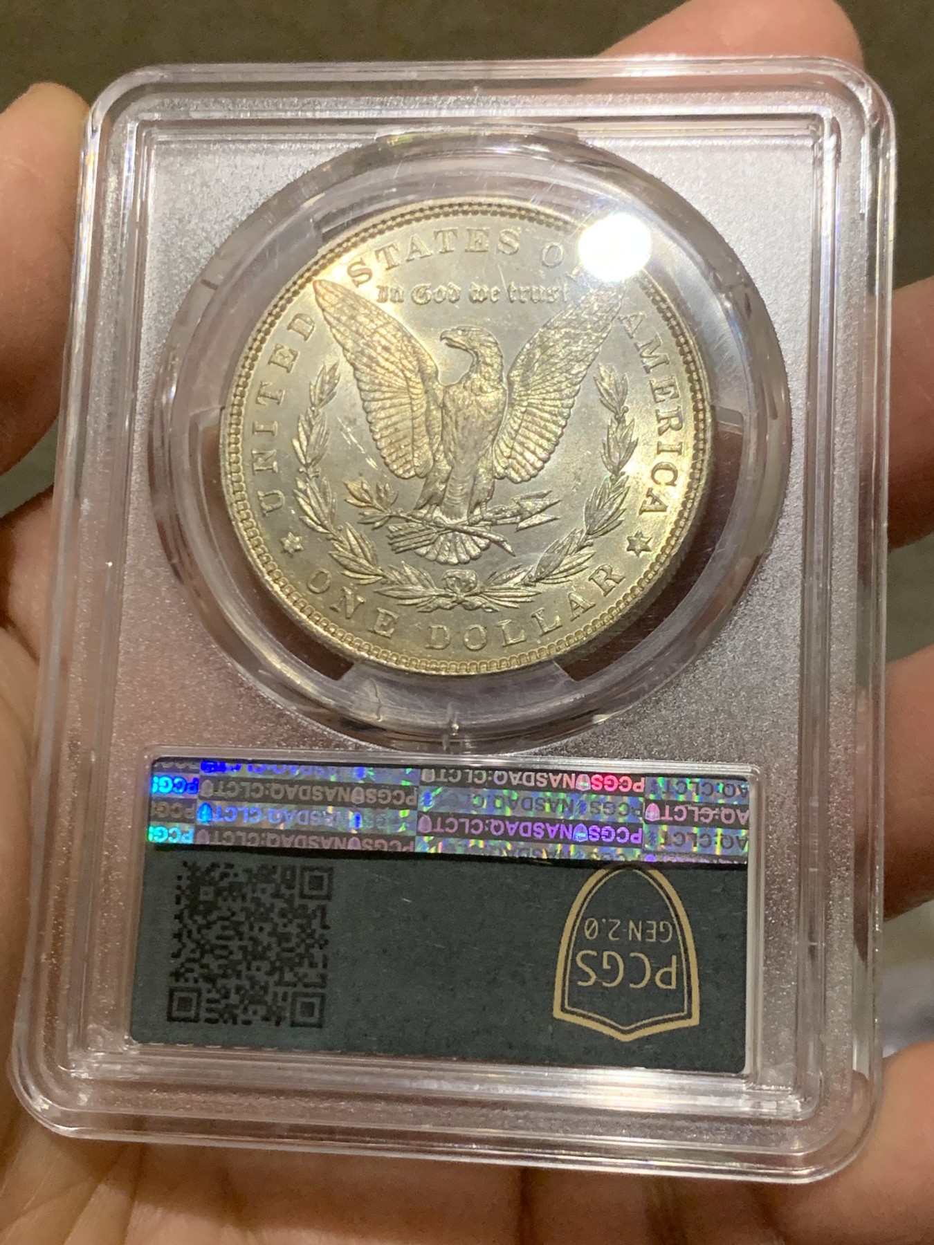 《竞宝斋》第246场-周日，周一 ，周二3场连拍 (全场包邮) PCGS MS65+ 美国1886年摩根银币，双面淡金彩