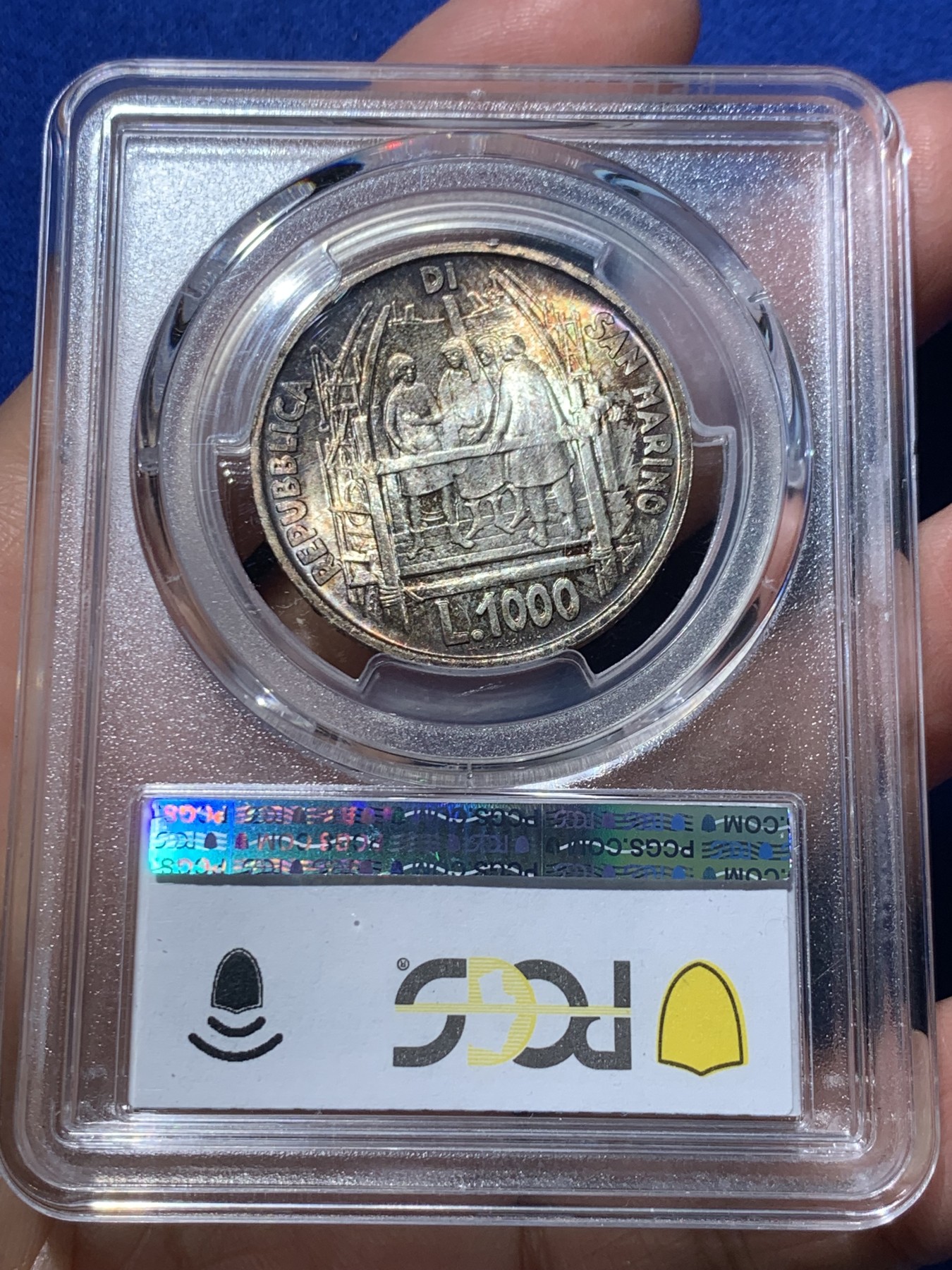 《竞宝斋》第246场-周日，周一 ，周二3场连拍 (全场包邮) PCGS MS65 圣马力诺1977年圣母百花大教堂建筑师——菲利普1000里拉纪念银币