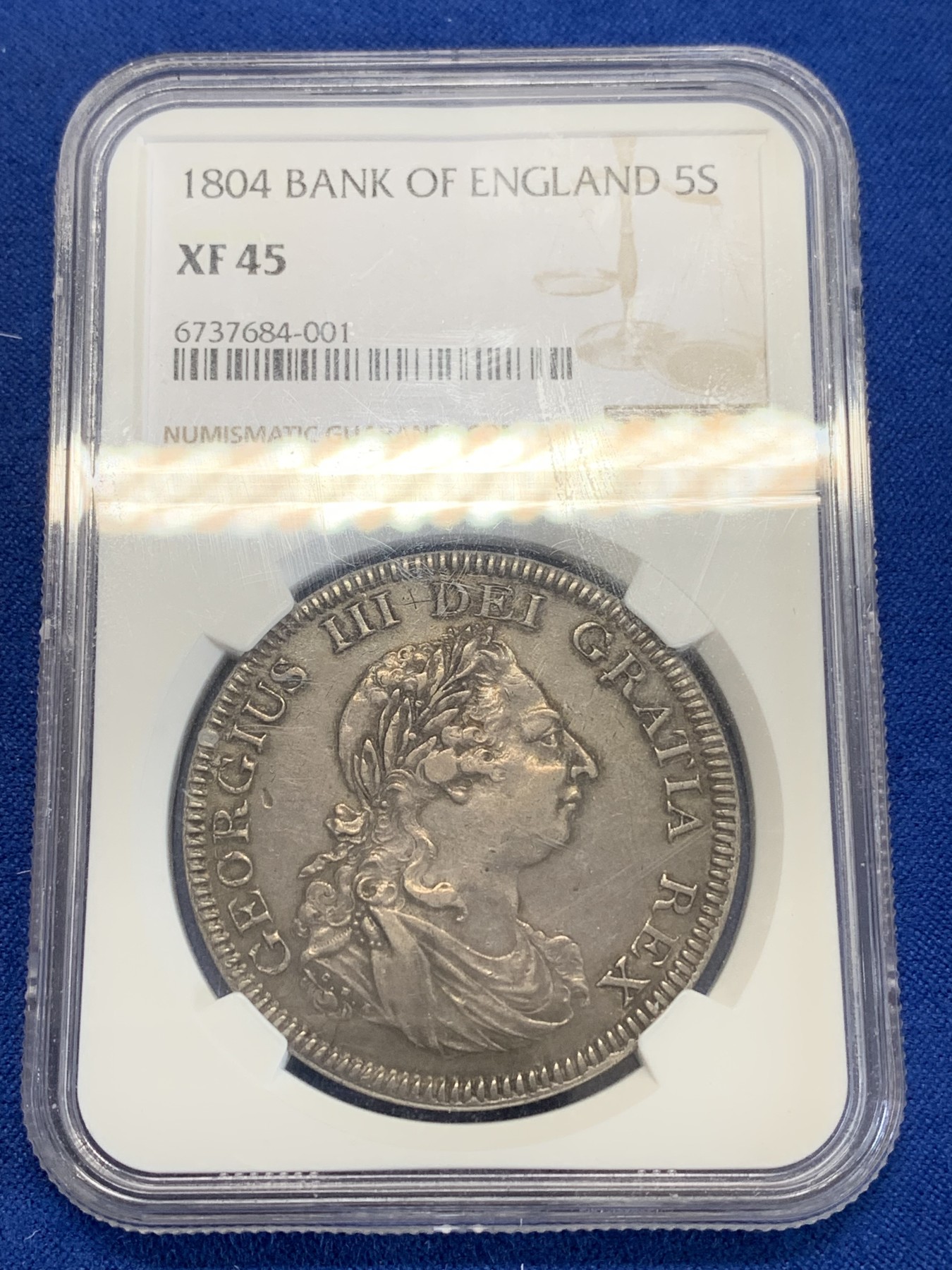 《竞宝斋》第246场-周日，周一 ，周二3场连拍 (全场包邮) NGC XF45 英国 1804年 乔治三世英格兰银行5先令银币，老包浆