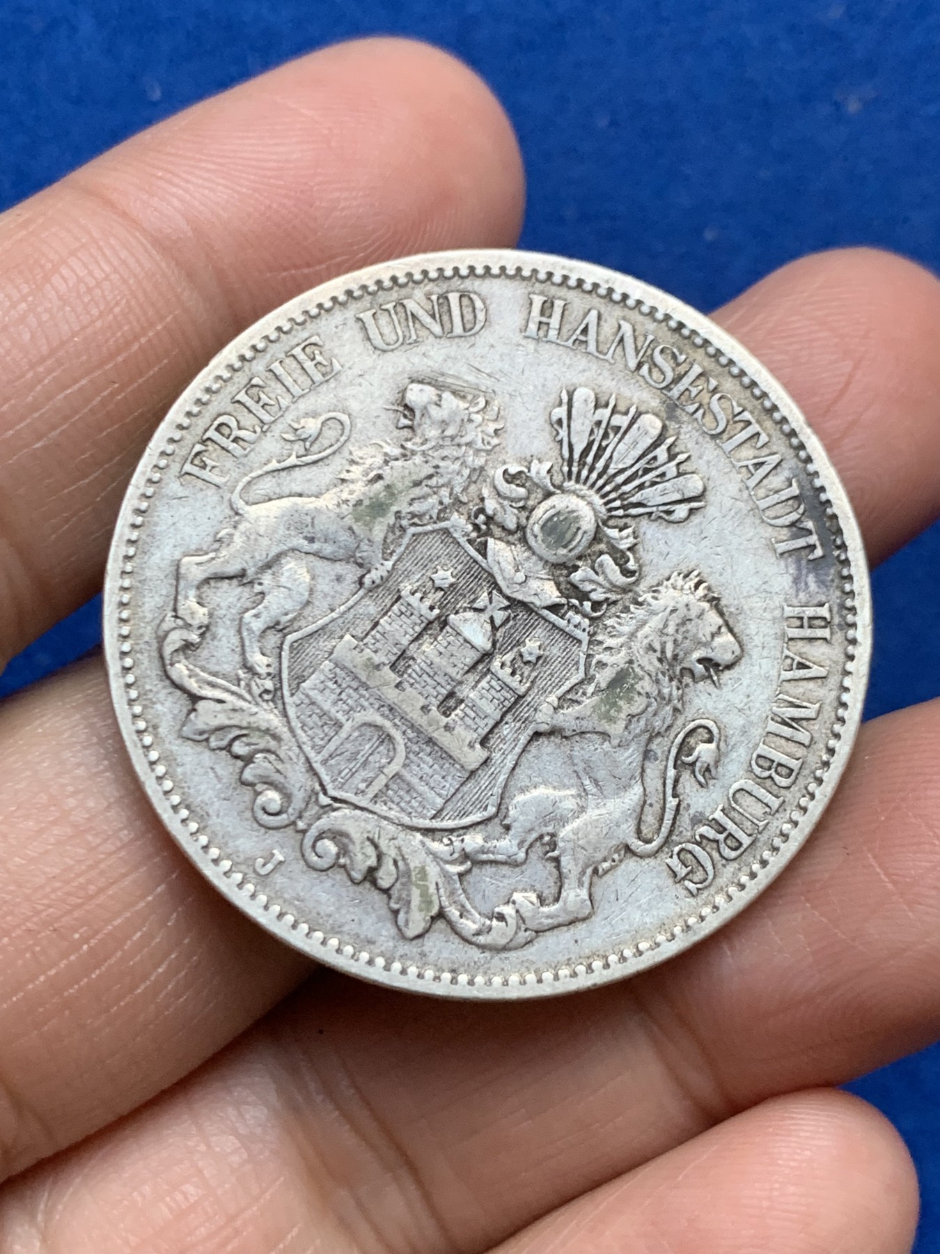 《竞宝斋》第246场-周日，周一 ，周二3场连拍 (全场包邮) 德国1900年汉堡双狮5马克银币 