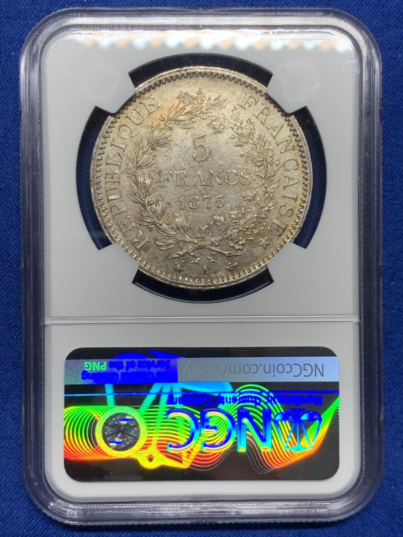 《竞宝斋》第246场-周日，周一 ，周二3场连拍 (全场包邮) NGC MS62 法国1875年大力神5法郎银币 带彩 发行量是1873的1/10