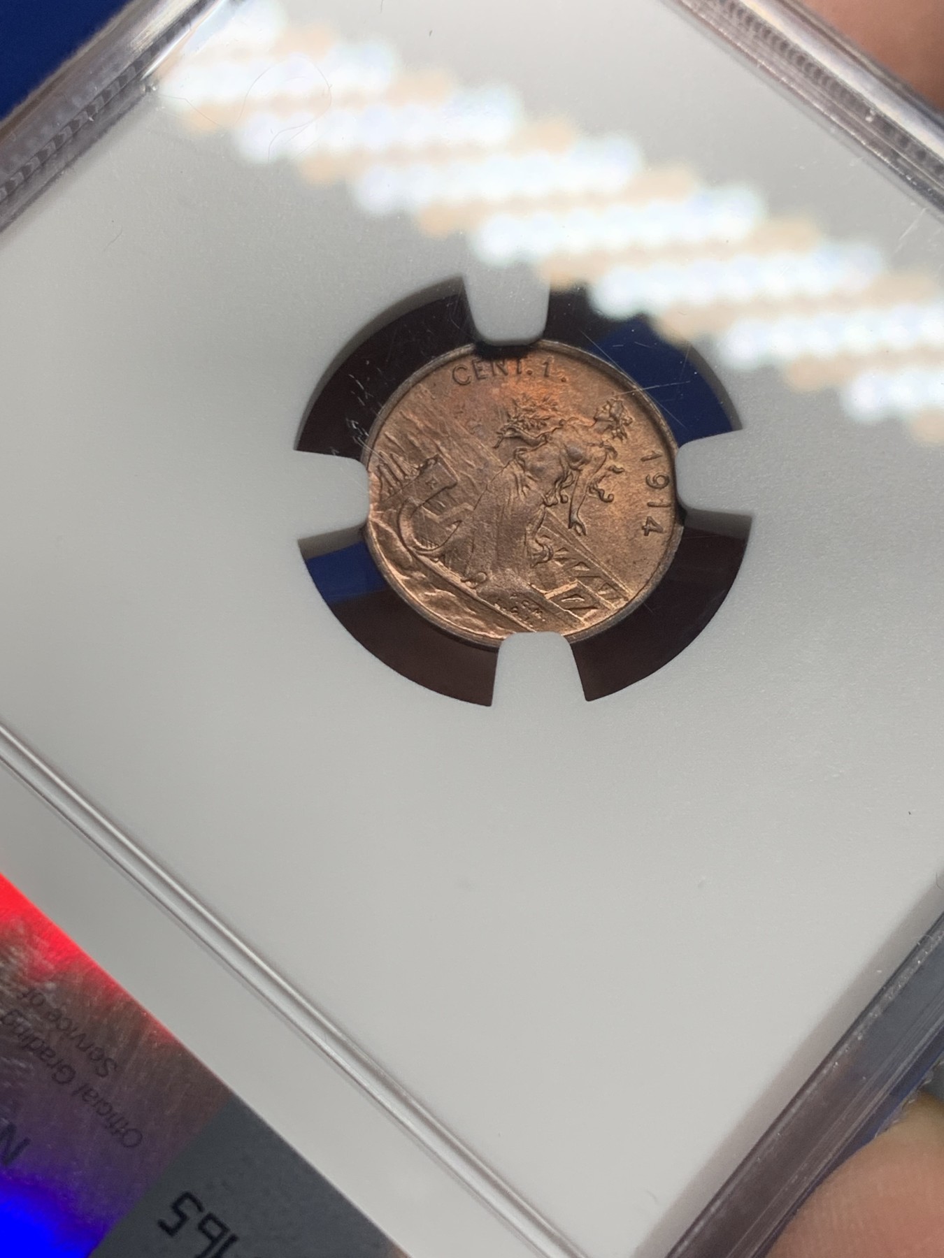 《竞宝斋》第246场-周日，周一 ，周二3场连拍 (全场包邮) NGC MS63RB 意大利1914R小拿花1分，细节很好，感觉给低了