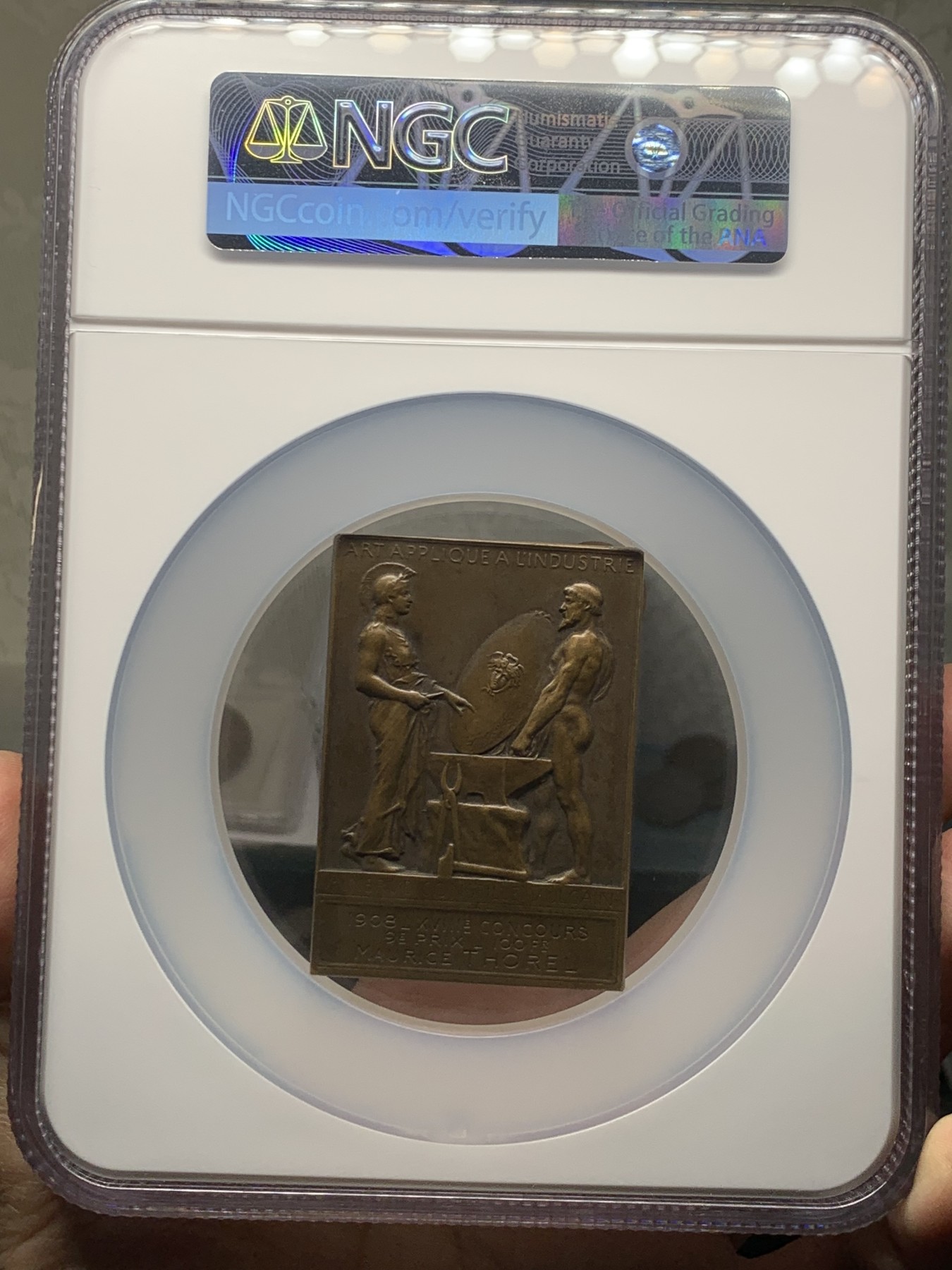 《竞宝斋》第246场-周日，周一 ，周二3场连拍 (全场包邮) NGC MS62BN 法国1908工业信息奖章 罗蒂作品铜章 大盒封装 少见品种