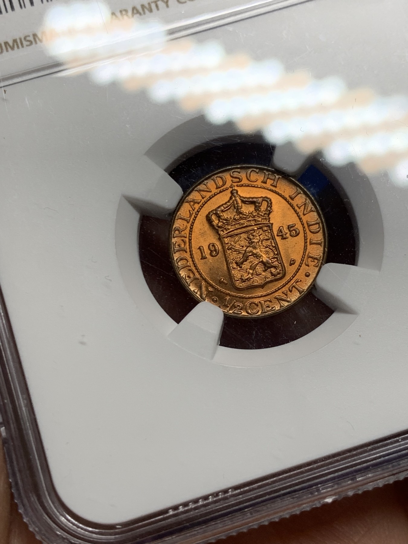 《竞宝斋》第246场-周日，周一 ，周二3场连拍 (全场包邮) NGC MS66RB 荷属东印度群岛（今印尼）1945年P版1/2 半分 铜币