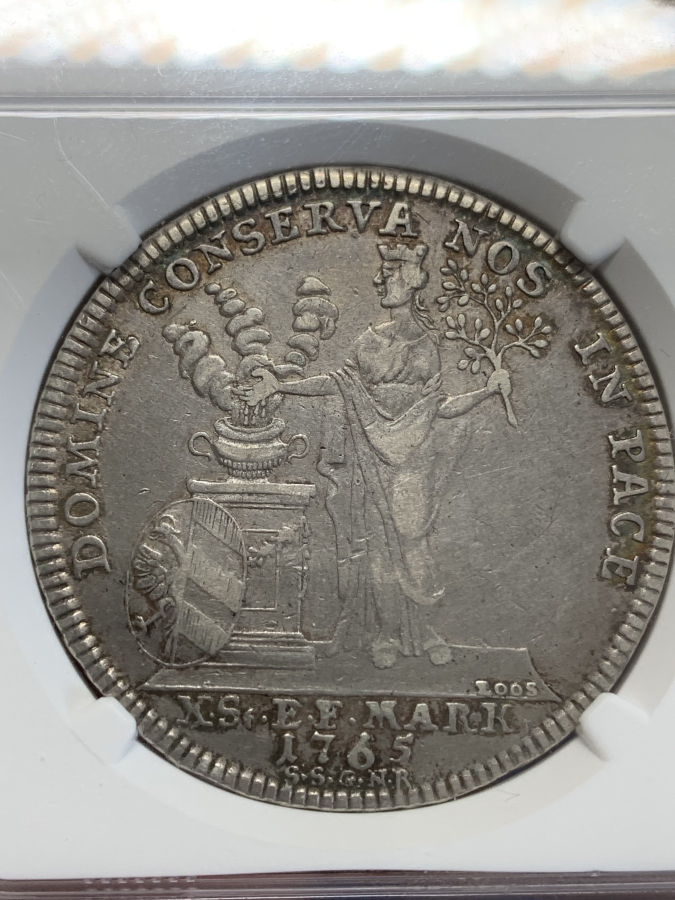 《竞宝斋》第246场-周日，周一 ，周二3场连拍 (全场包邮) NGC VF35 德国 1765年纽伦堡泰勒 相对比较少的版本，灰色包浆边缘带彩，高点磨损小，VF35有些低评