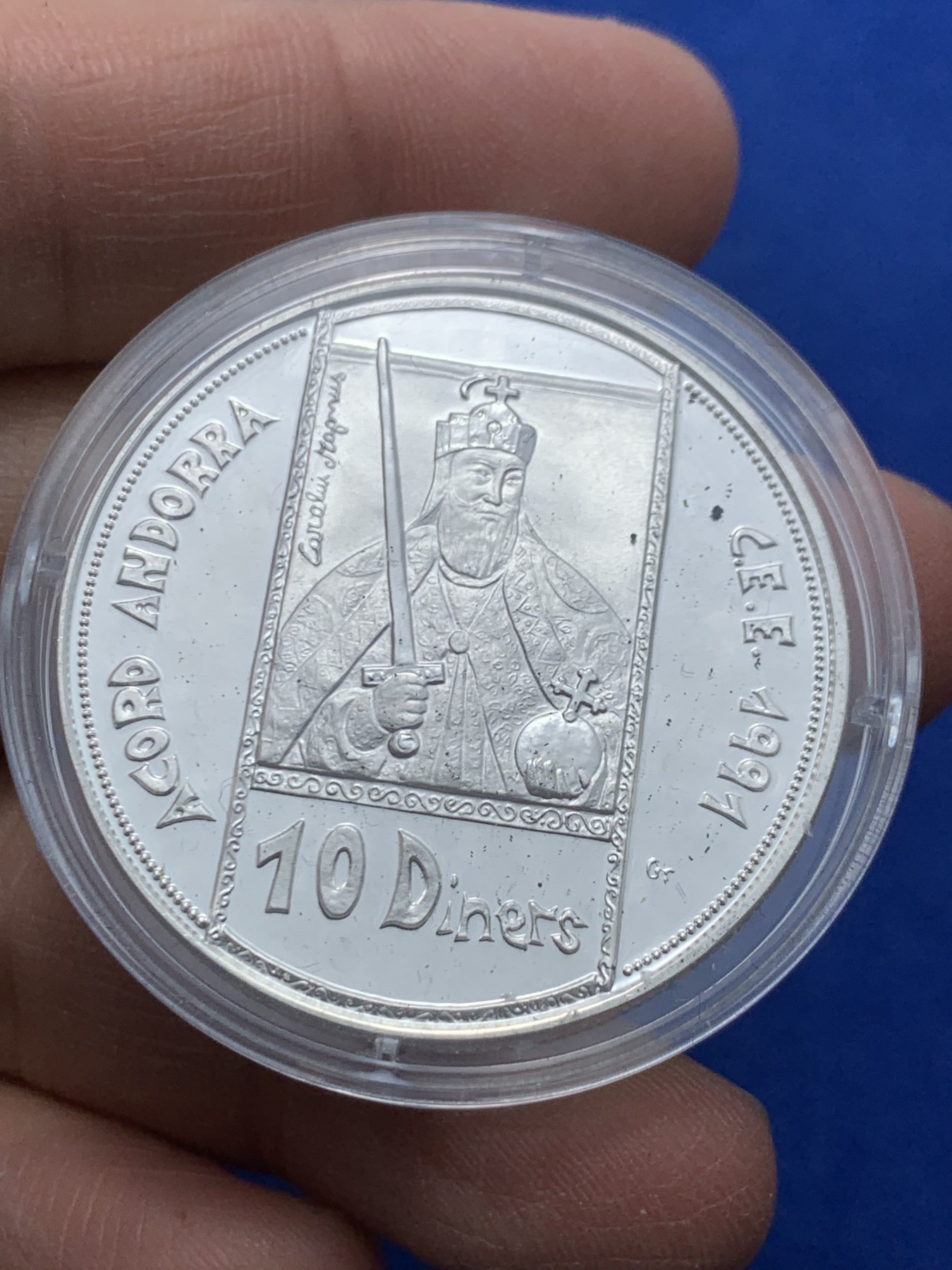 《竞宝斋》第247场-周日，周一 ，周二3场连拍 (全场包邮) 安道尔 1991年 查理曼大帝 10D 大银币 31.47克 925银