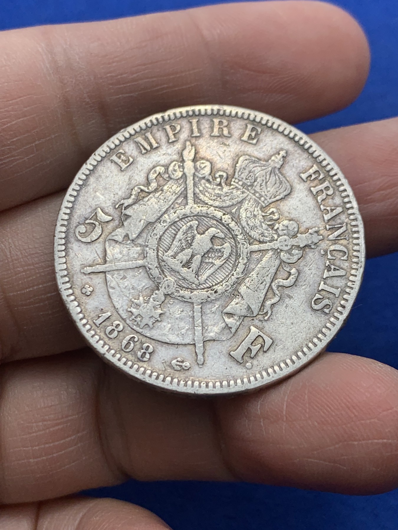 《竞宝斋》第247场-周日，周一 ，周二3场连拍 (全场包邮) 法国1868年拿破仑三世5法郎银币