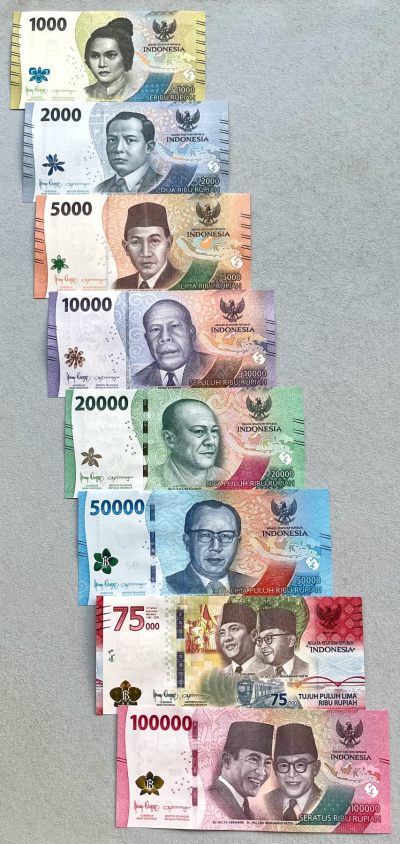 印度尼西亚2022年最新版1000~100000卢比纸币7枚全套+2020年75000卢比独立75周年纪念钞，面值汇率价130+。UNC整刀拆出，尾2同19
