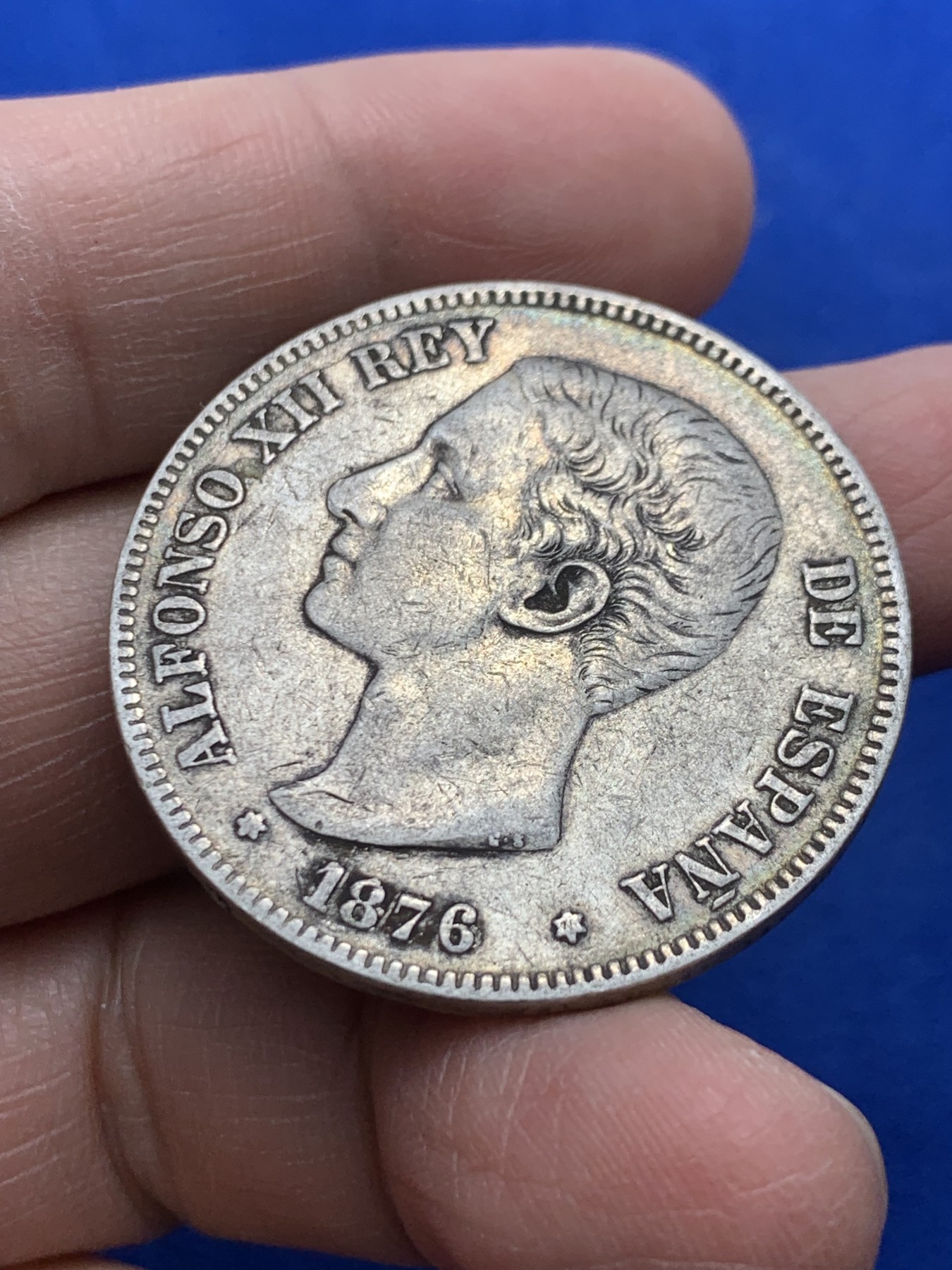 《竞宝斋》第247场-周日，周一 ，周二3场连拍 (全场包邮) 西班牙1876阿方索十二世双柱 5比塞塔银币