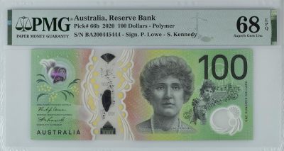 🌗乐淘淘世界纸币收藏拍卖 第44期 🌓 - 【BA200445444】澳大利亚2020年塑料钞 100元 豹子号444PMG68EPQ 高分