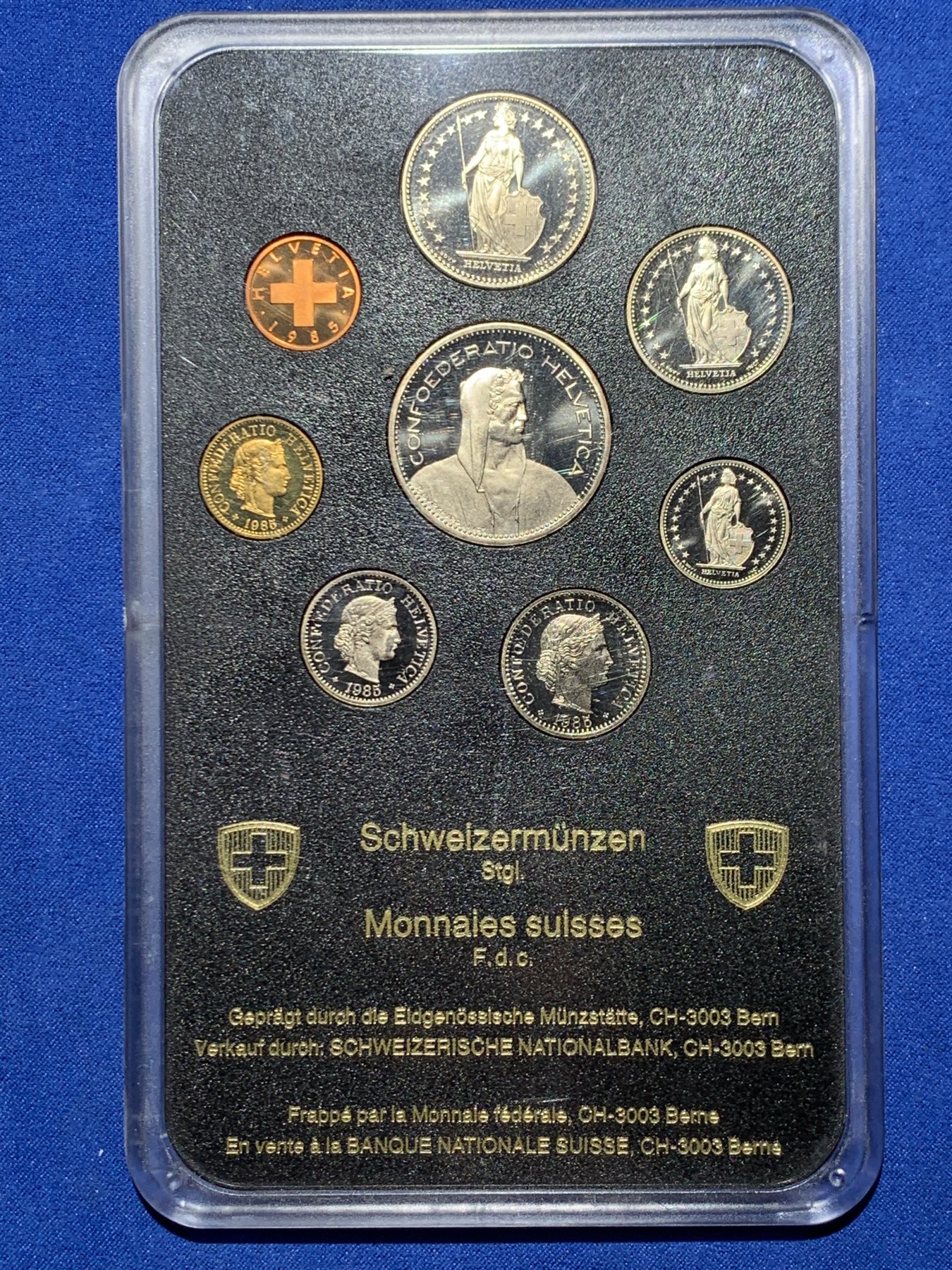 《竞宝斋》第247场-周日，周一 ，周二3场连拍 (全场包邮) 卡装黑色 瑞士1985年1分到5法郎 八枚套 精制币 封装少见