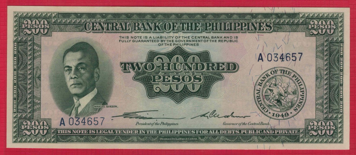 菲律宾1949年200比索 A冠 克劳斯P-140 5位号 亚洲纸币 实物图 UNC