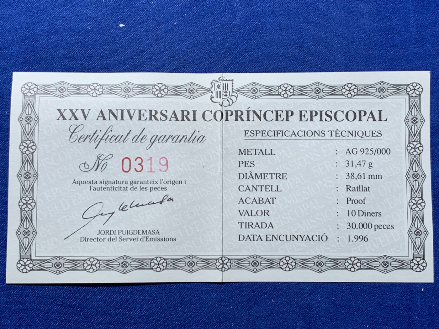 《竞宝斋》第247场-周日，周一 ，周二3场连拍 (全场包邮) 安道尔 1996 10D 大银币  31.47克 925银