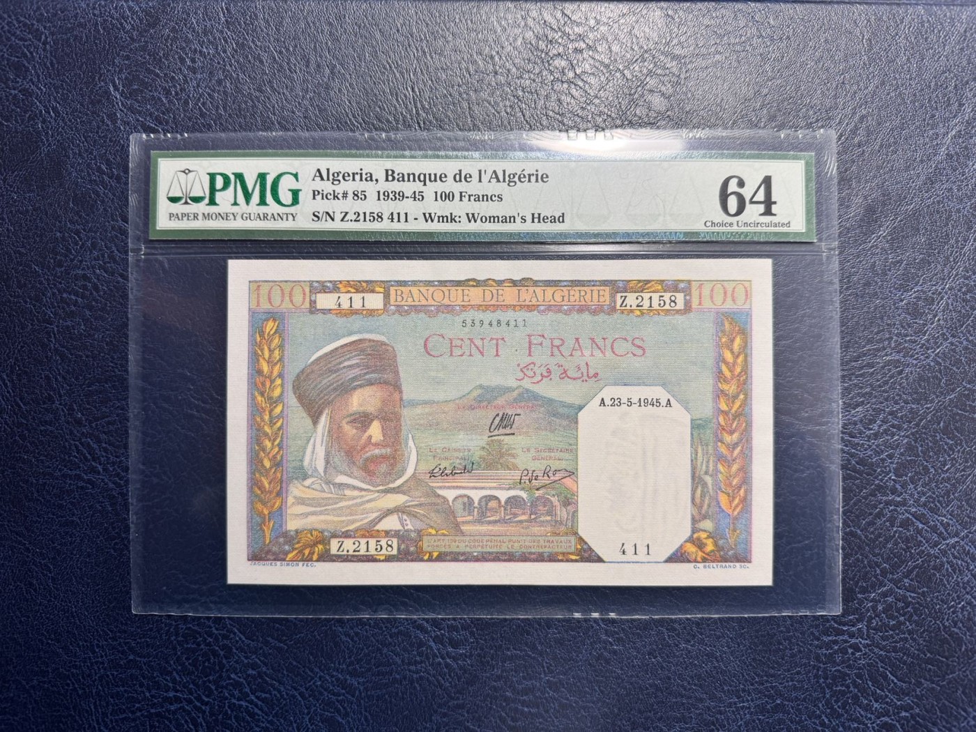 收藏联盟Quantum Auction 第330期拍卖  阿尔及利亚1945年100法郎 PMG64
