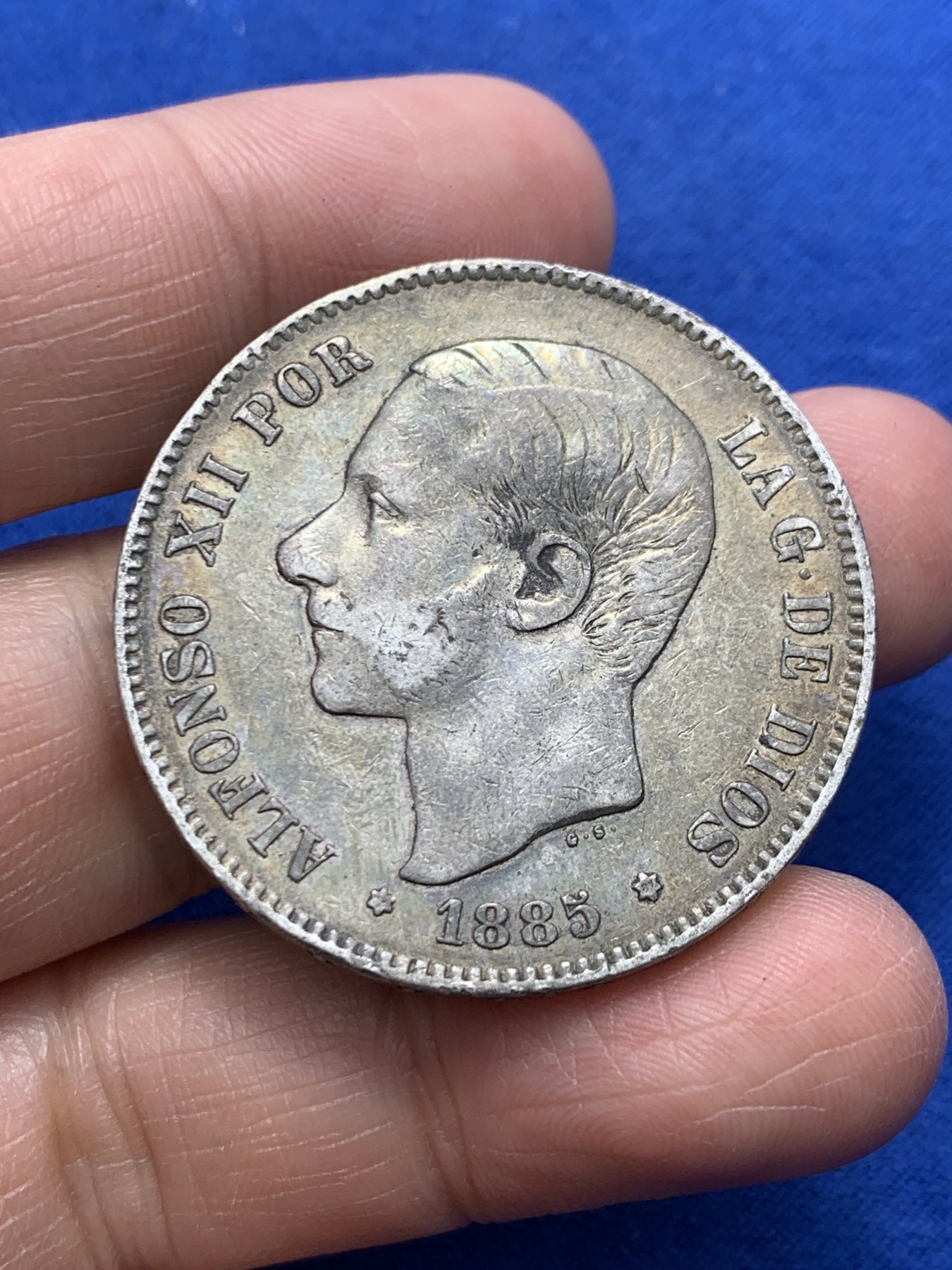 《竞宝斋》第247场-周日，周一 ，周二3场连拍 (全场包邮) 西班牙1885年 阿方索十二世 5比塞塔双柱银币