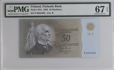 🌗乐淘淘世界纸币收藏拍卖 第44期 🌓 - 【F4645406】芬兰1963年纸币 50马克 PMG67EPQ 亚军分（冠军分仅一张）