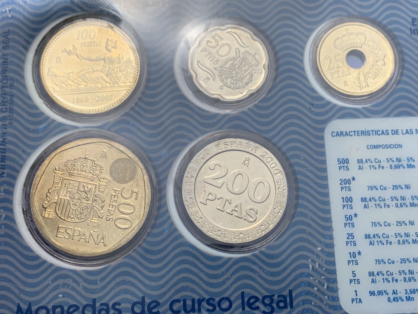 《竞宝斋》第247场-周日，周一 ，周二3场连拍 (全场包邮) 卡装 西班牙2001年 欧元前最后一版比塞塔 八枚套 纪念