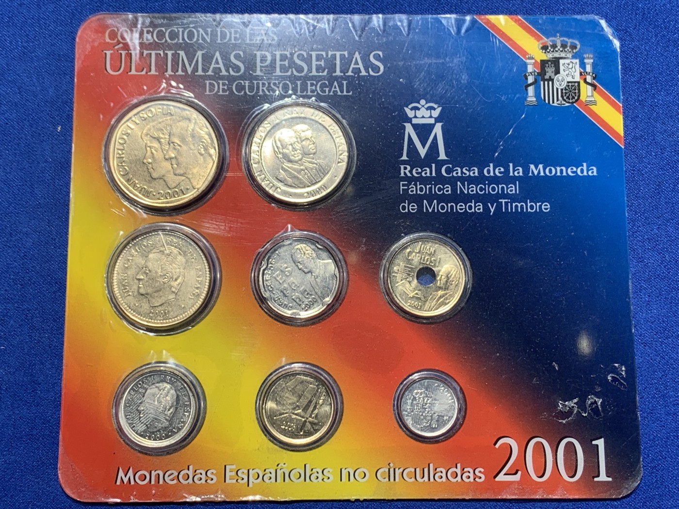 《竞宝斋》第247场-周日，周一 ，周二3场连拍 (全场包邮) 卡装 西班牙2001年 欧元前最后一版比塞塔 八枚套 纪念