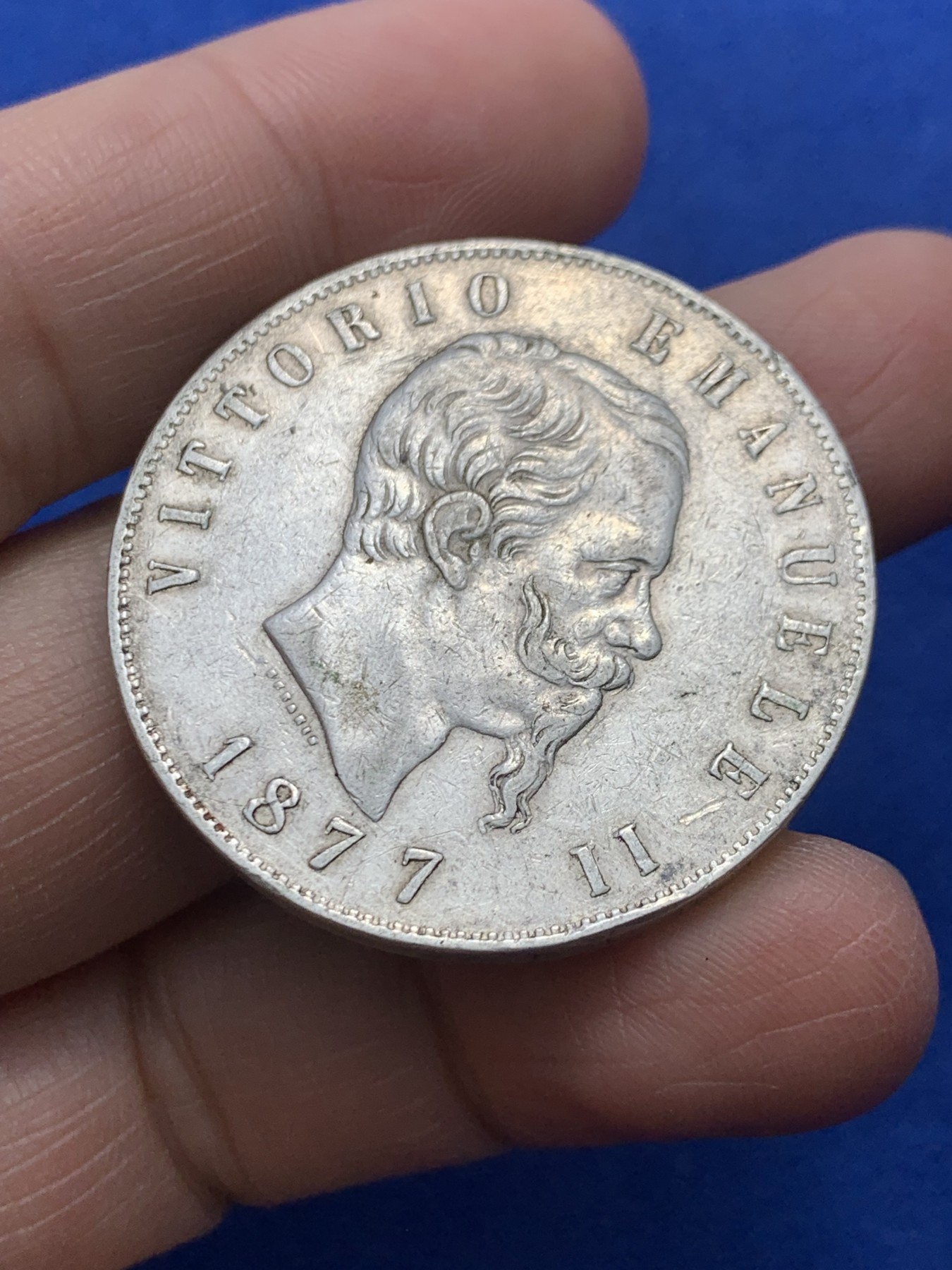 《竞宝斋》第247场-周日，周一 ，周二3场连拍 (全场包邮) 意大利1877年 艾曼纽尔二世 5里拉大银币