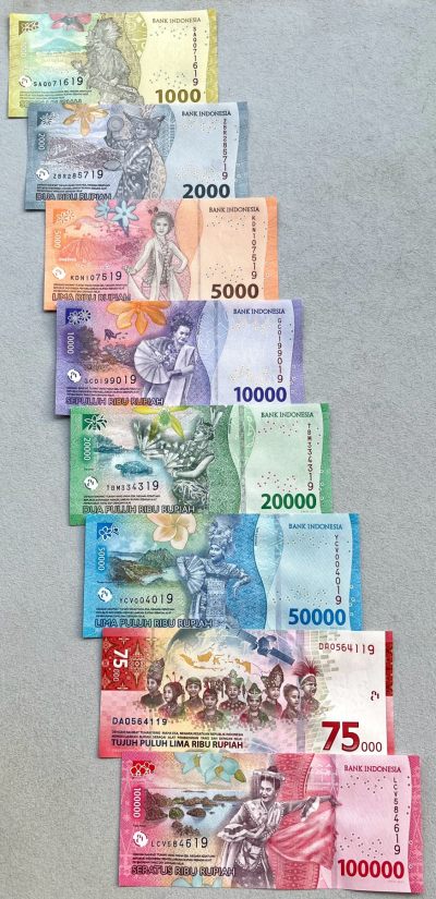 印度尼西亚2022年最新版1000~100000卢比纸币7枚全套+2020年75000卢比独立75周年纪念钞，面值汇率价130+。UNC整刀拆出，尾2同19