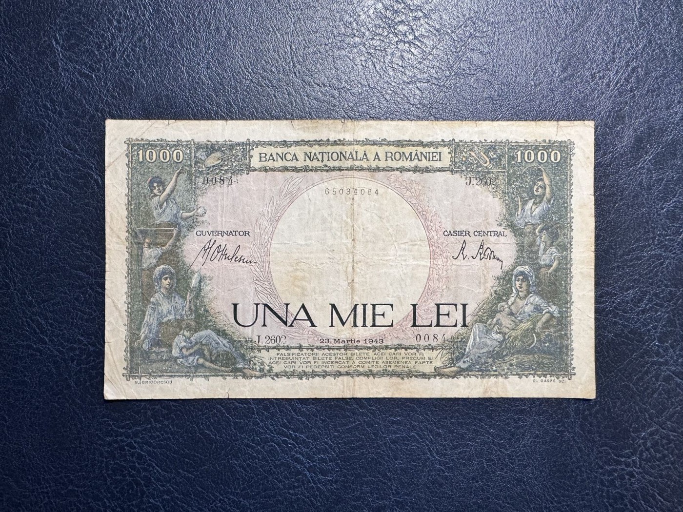 收藏联盟Quantum Auction 第330期拍卖  罗马尼亚1943年1000列伊 品相如图 法属风格