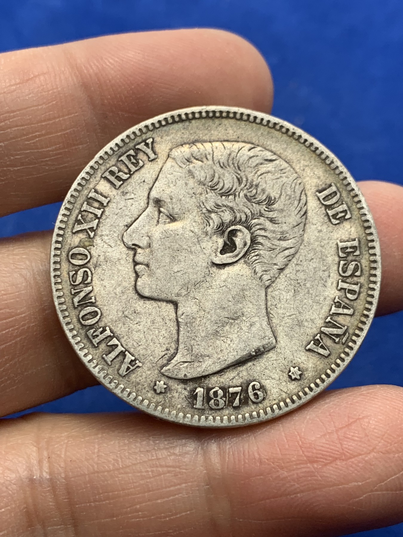 《竞宝斋》第247场-周日，周一 ，周二3场连拍 (全场包邮) 西班牙1876阿方索十二世双柱 5比塞塔银币