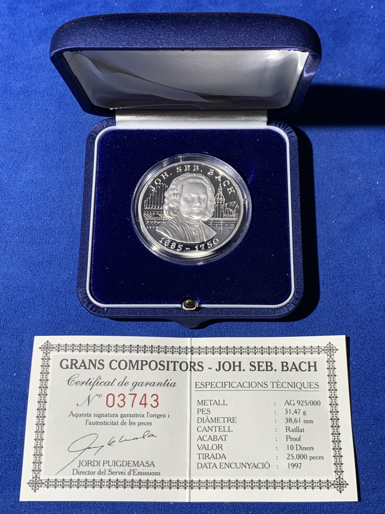 《竞宝斋》第247场-周日，周一 ，周二3场连拍 (全场包邮) 安道尔  1997 10D 大银币 作曲家 – Johan Sebastian Bach 925银 31.4克