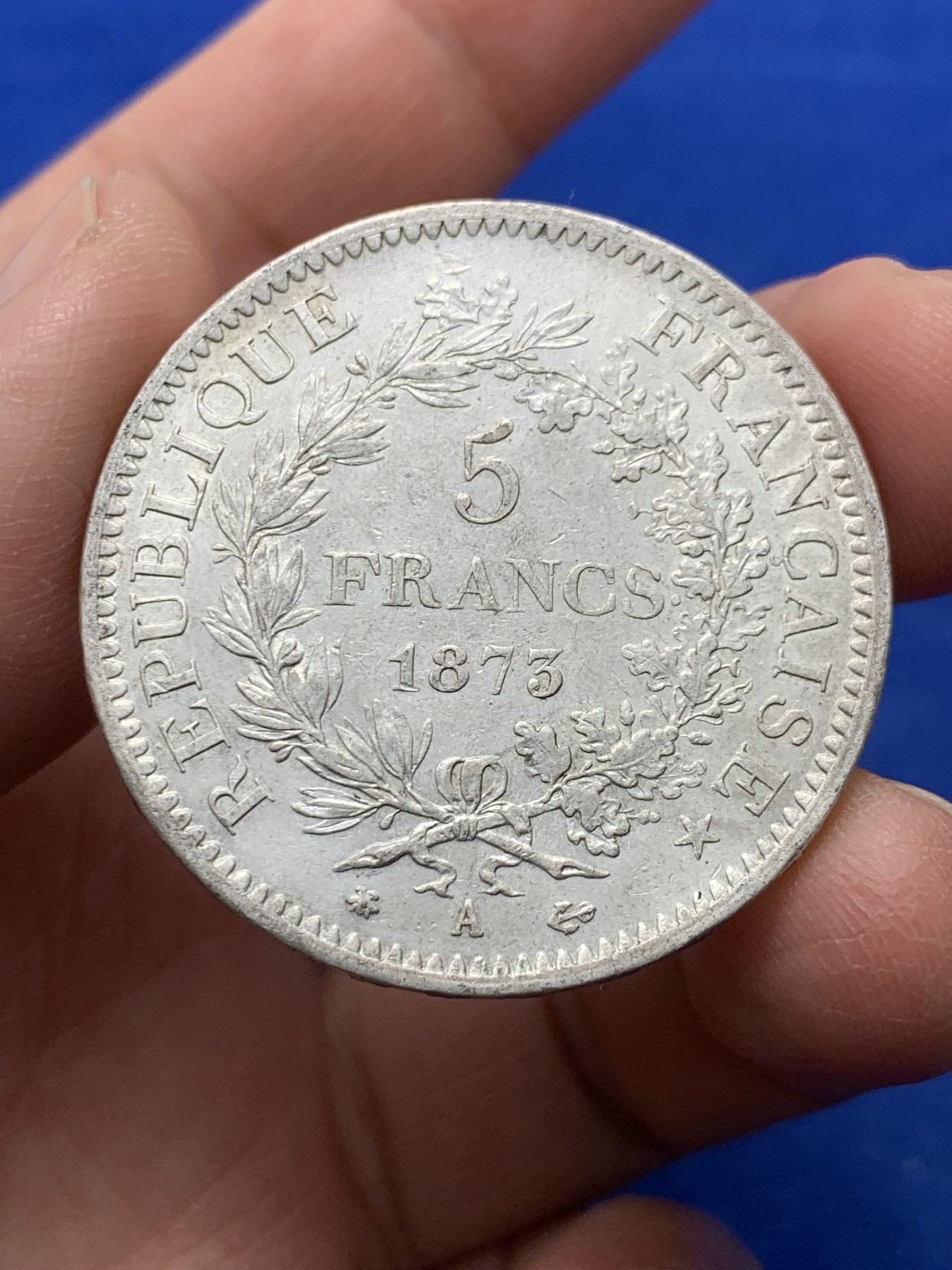 《竞宝斋》第247场-周日，周一 ，周二3场连拍 (全场包邮) 法国1873年大力神5法郎银币