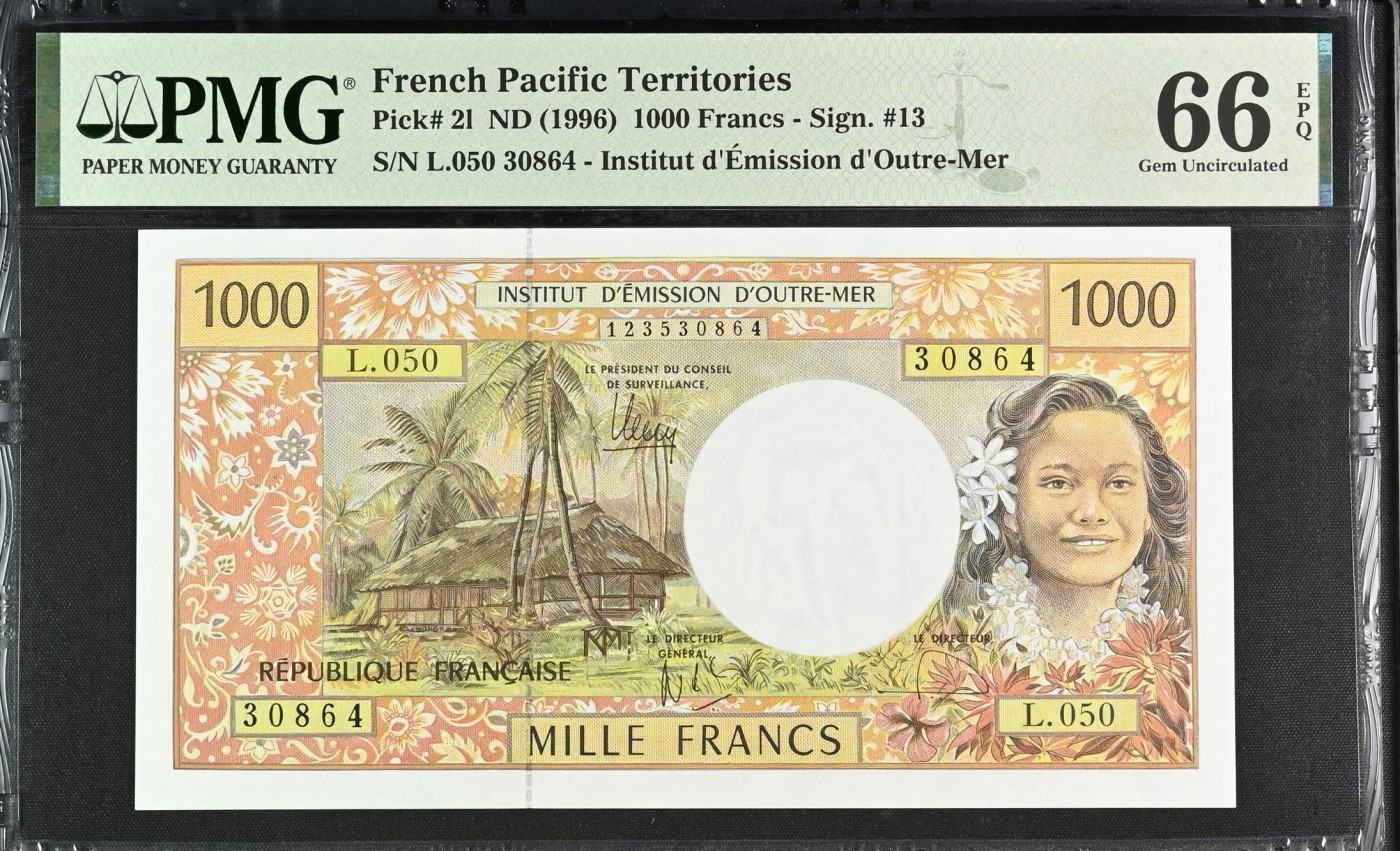 收藏联盟Quantum Auction 第330期拍卖  法属太平洋ND (1996)年1000法郎 PMG66