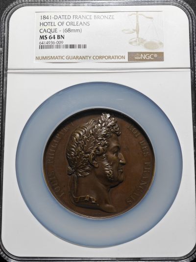 【德藏】世界币章拍卖第72期(全场顺丰包邮) - 1841年 法国路易菲利普一世奥尔良主宫高浮雕大铜章 68mm NGC MS64BN