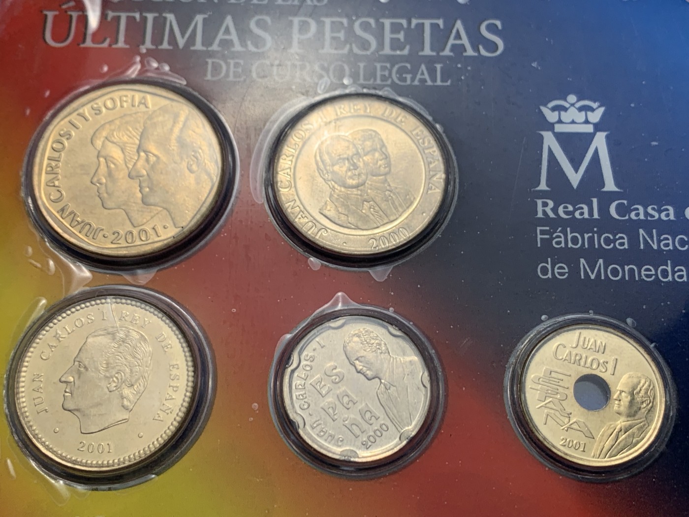 《竞宝斋》第247场-周日，周一 ，周二3场连拍 (全场包邮) 卡装 西班牙2001年 欧元前最后一版比塞塔 八枚套 纪念