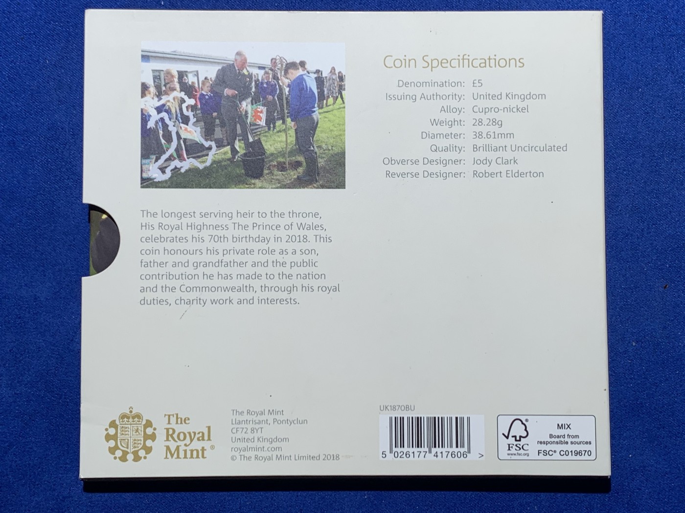 《竞宝斋》第247场-周日，周一 ，周二3场连拍 (全场包邮) 英国2018年威尔士王子70岁生日纪念  5镑纪念币