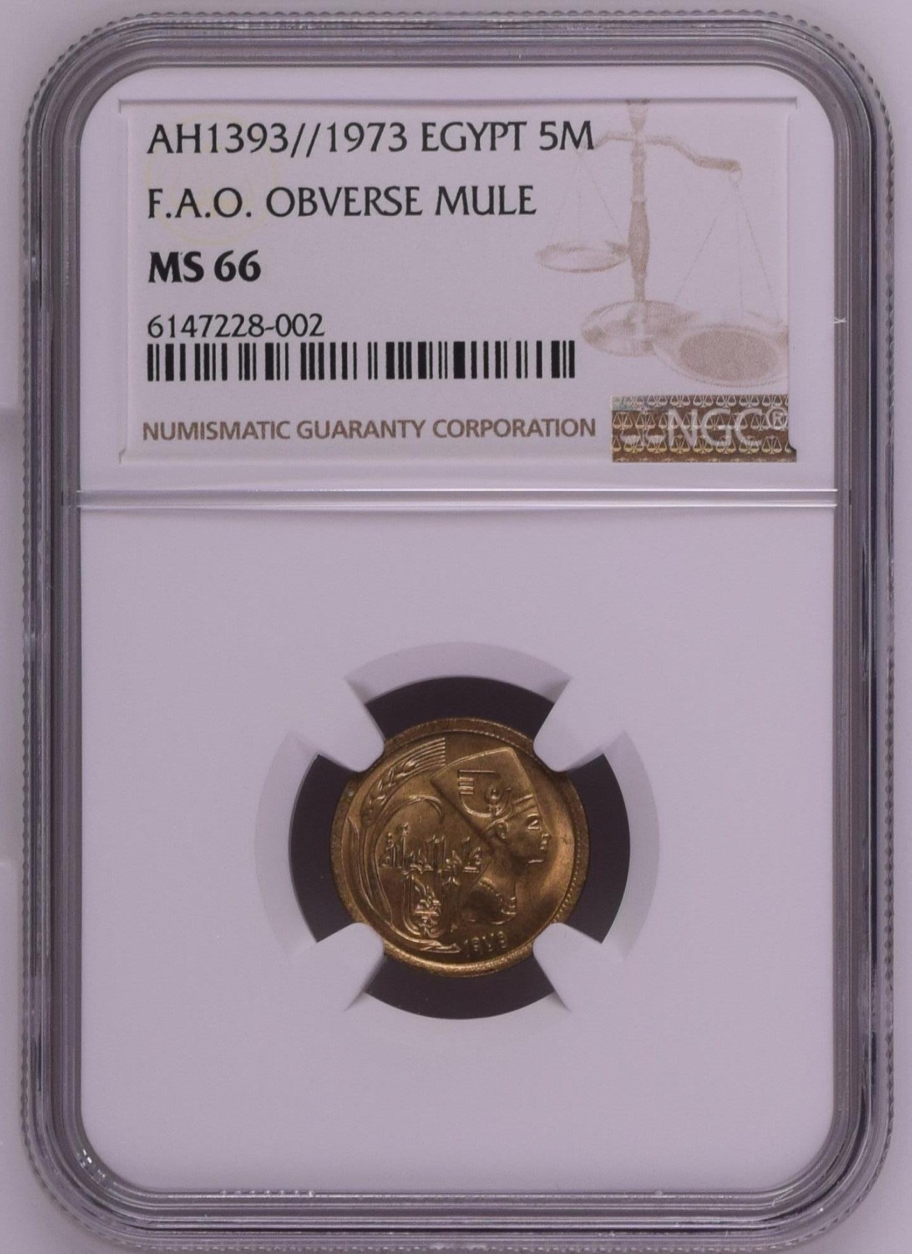 长老汇龙年精选第三场 AH1393//1973 埃及FAO5米莉姆铜币，背面骡币，正确图案见下图，NGC MS66分，并列冠军