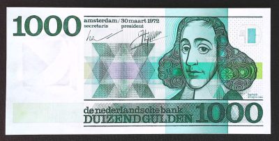 世界靓号纸钞第四十二期-群英荟萃（有更新） - 1972年荷兰1000盾 经典斯宾诺莎 全程无4 全新UNC