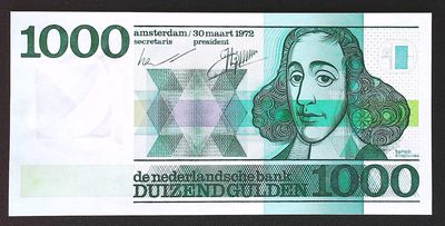 世界靓号纸钞第四十二期-群英荟萃（有更新） - 1972年荷兰1000盾 经典斯宾诺莎 全程无4 全新UNC